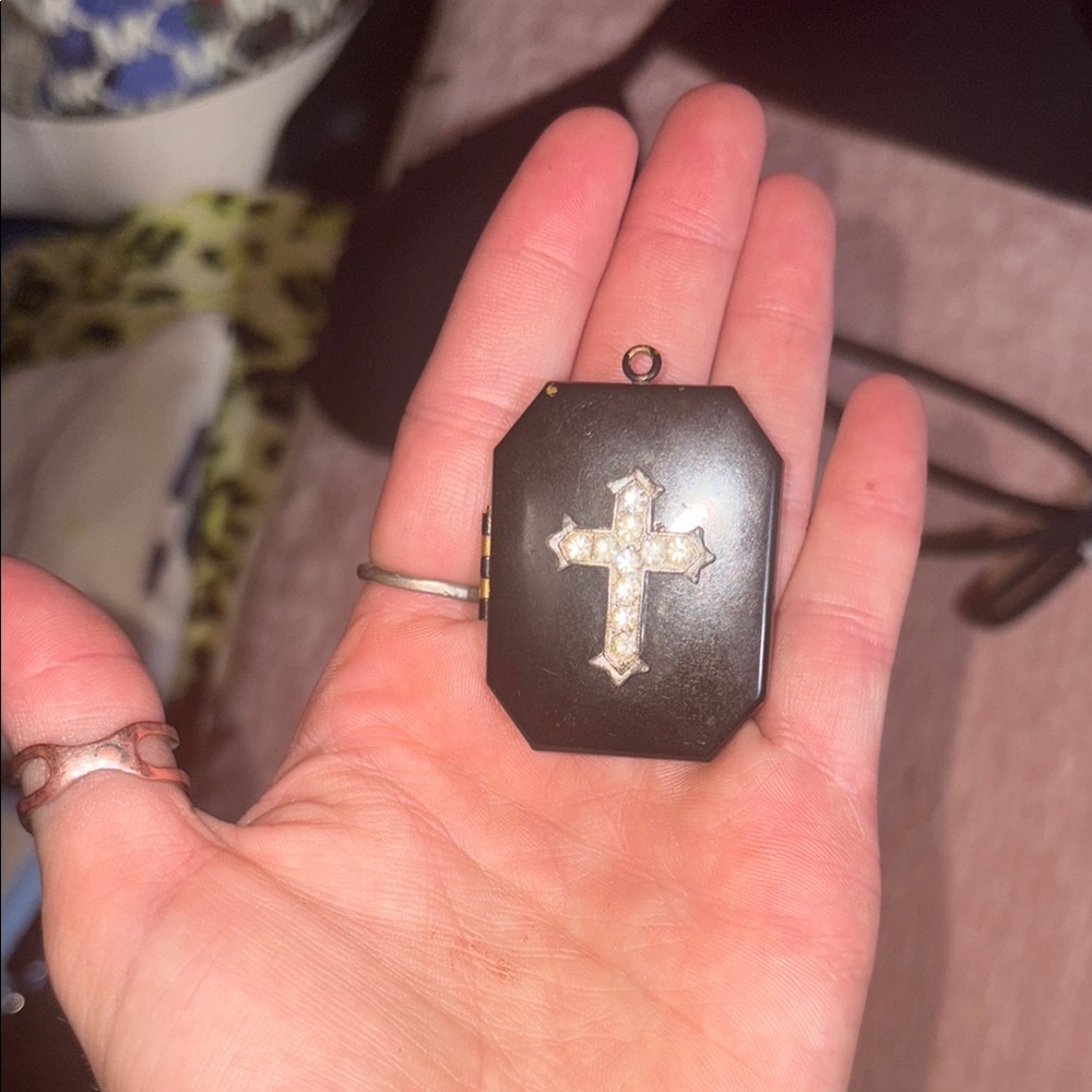 Black Vintage Pendant with Silver Cross locket